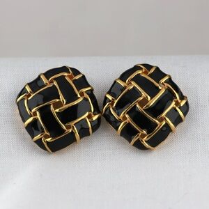 Vintage 80s Gold Tone & Black Enamel Woven Statement Earrings